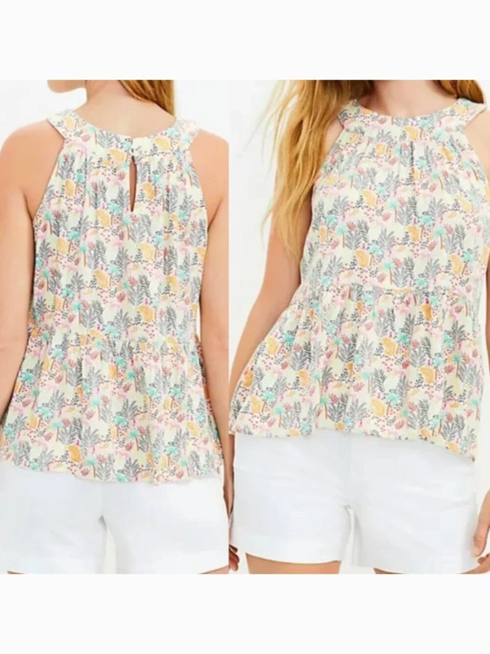 ANN TAYLOR LOFT Paradise Peplum Halter Top White Green Floral Leaf Leaves Tank S